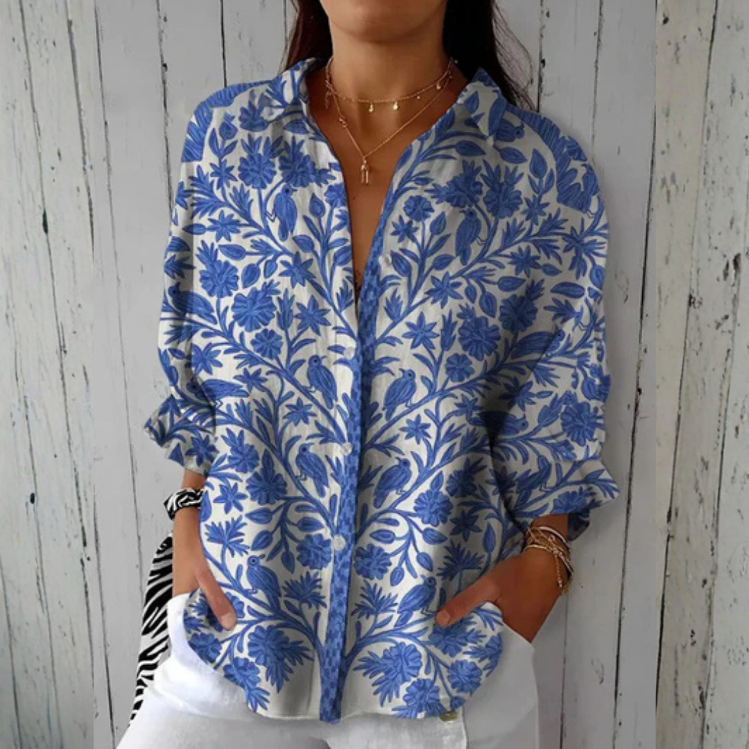 Isabela - Blusa de Jardim Azul para Mulher