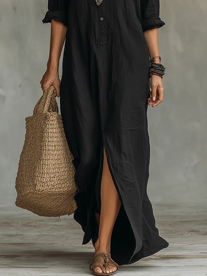Celeste - Vestido Maxi Relaxado com Decote em V e Botões