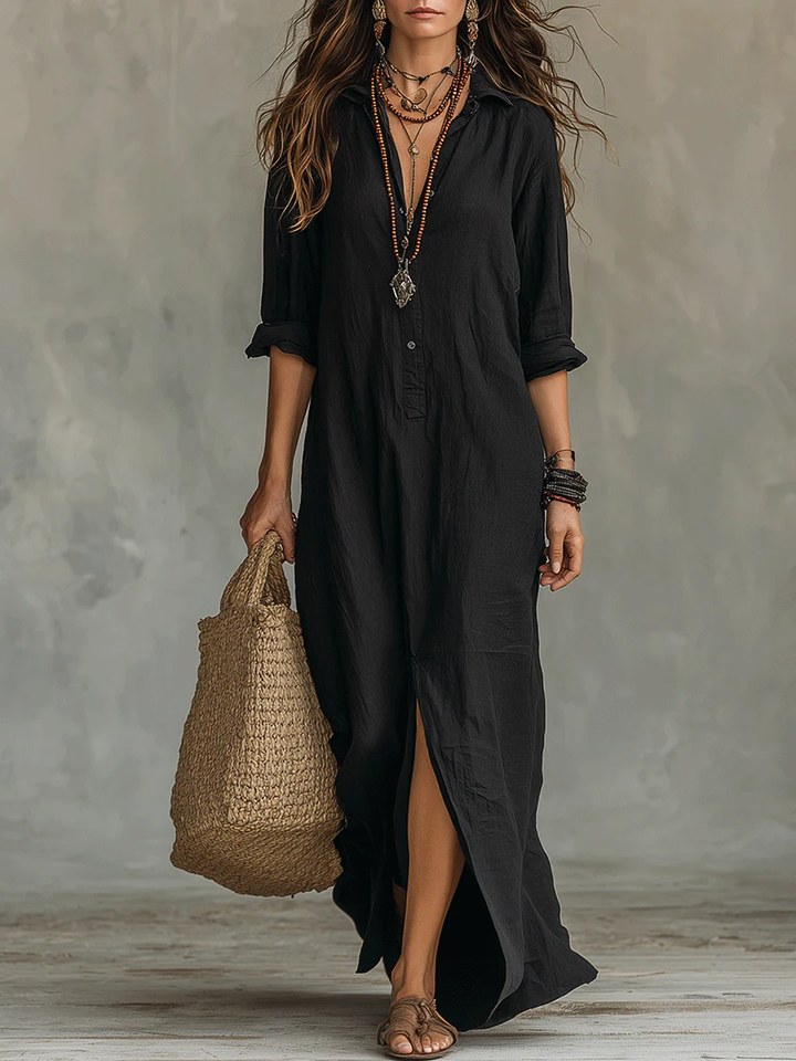 Celeste - Vestido Maxi Relaxado com Decote em V e Botões