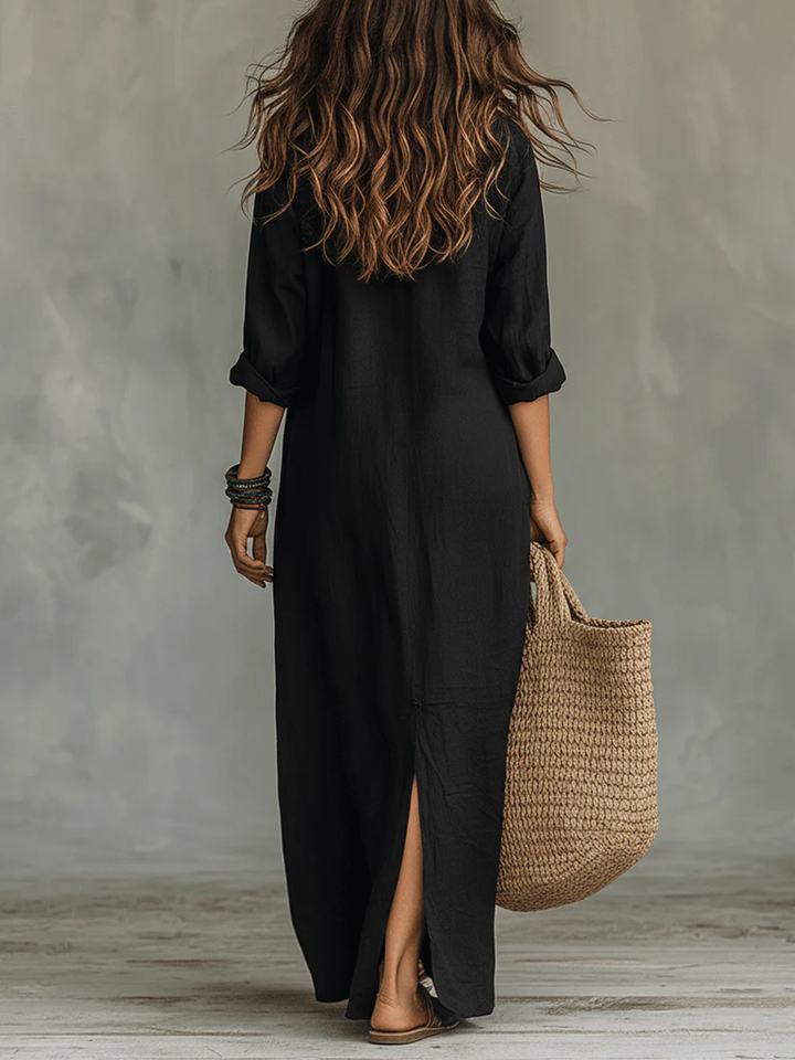 Celeste - Vestido Maxi Relaxado com Decote em V e Botões