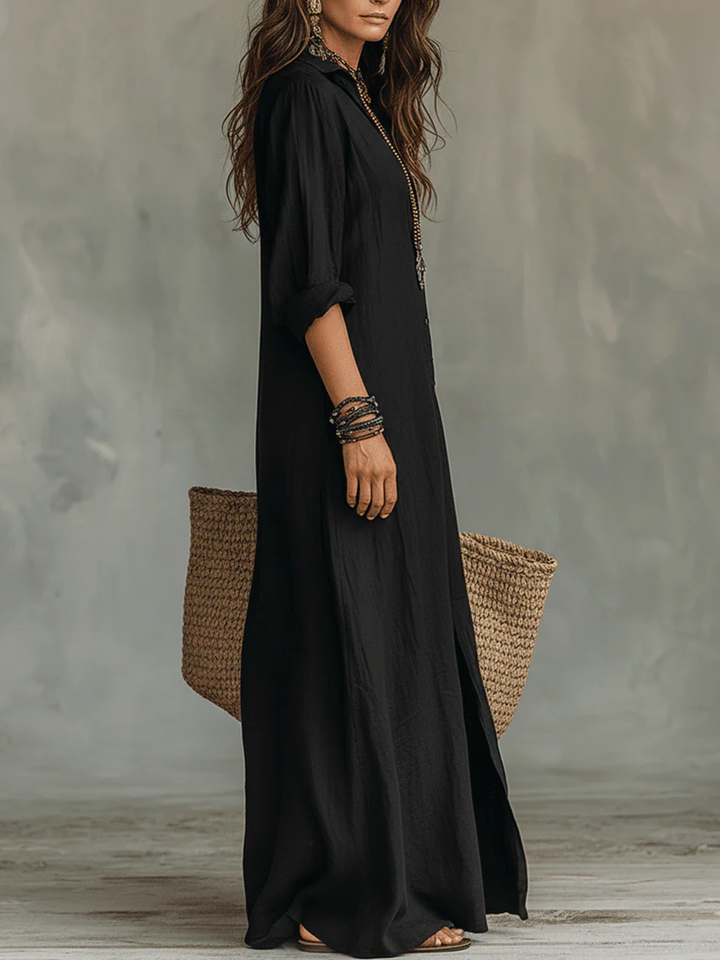 Celeste - Vestido Maxi Relaxado com Decote em V e Botões