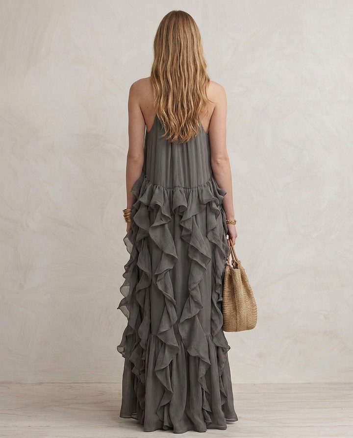 Serafina - Maxi Vestido Cinza com Volantes