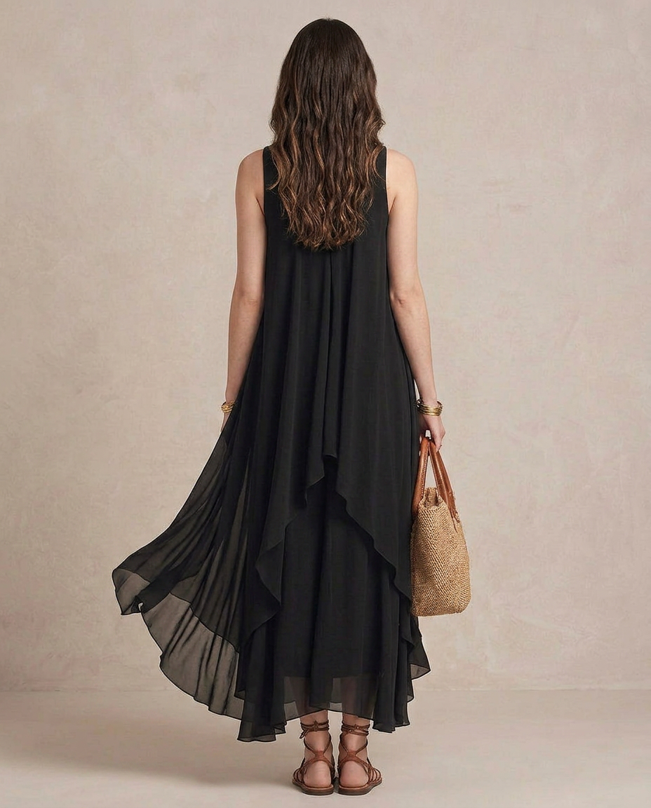 Nádia - Maxi Vestido Boho Camadas de Chiffon Preto