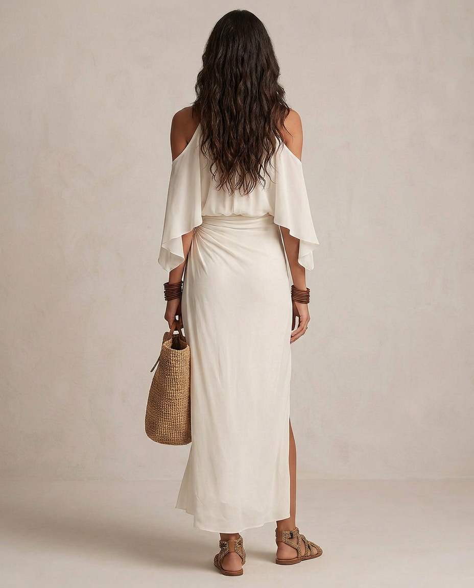 Valentina - Midi Vestido Halter Bege Drapeado