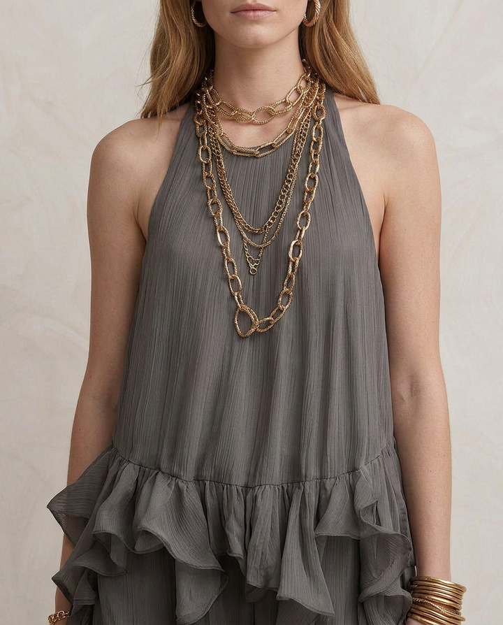 Serafina - Maxi Vestido Cinza com Volantes