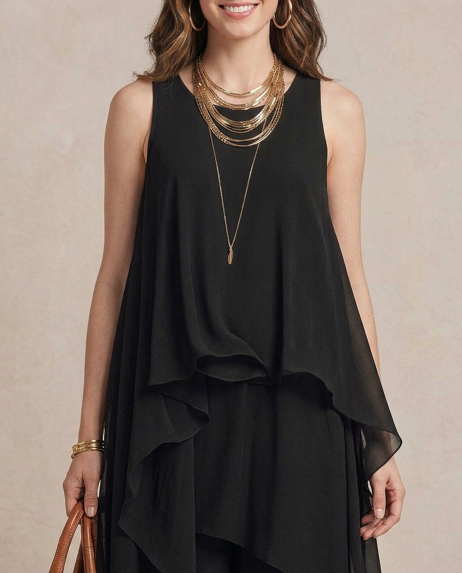 Nádia - Maxi Vestido Boho Camadas de Chiffon Preto