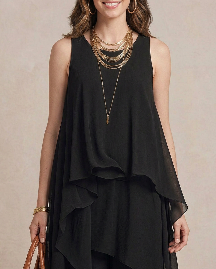 Nádia - Maxi Vestido Boho Camadas de Chiffon Preto