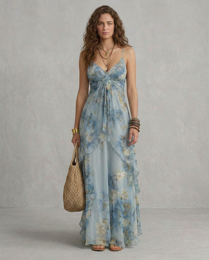 Elisabete - Maxi Slip Dress Floral Azul