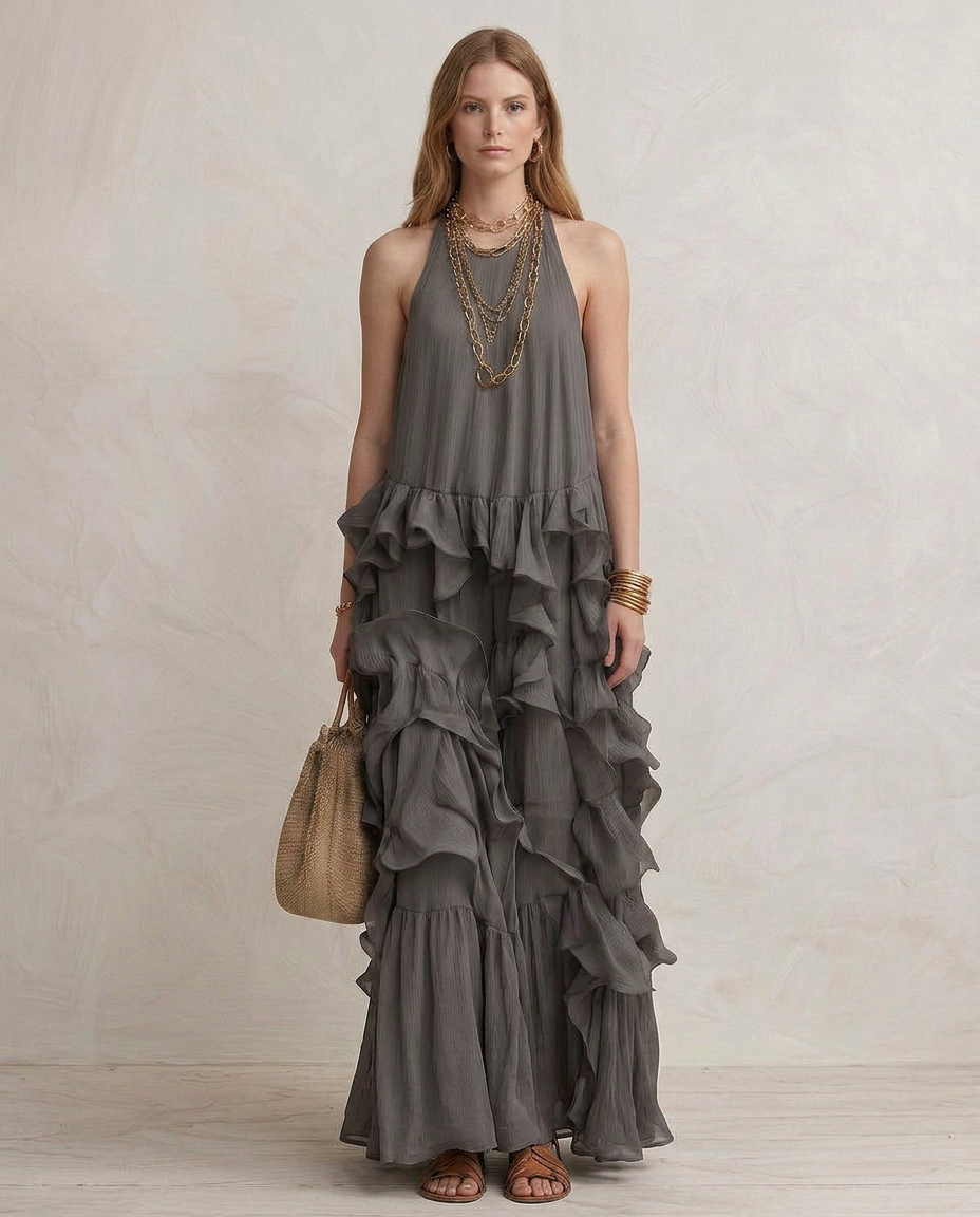 Serafina - Maxi Vestido Cinza com Volantes