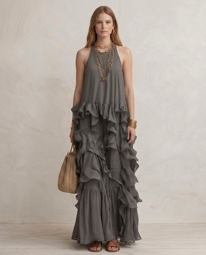 Serafina - Maxi Vestido Cinza com Volantes