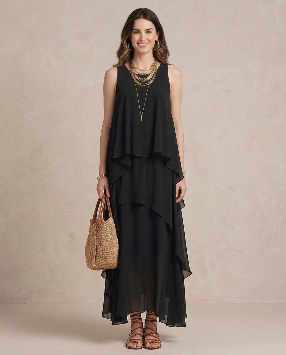 Nádia - Maxi Vestido Boho Camadas de Chiffon Preto