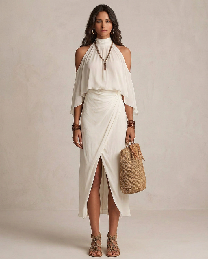 Valentina - Midi Vestido Halter Bege Drapeado