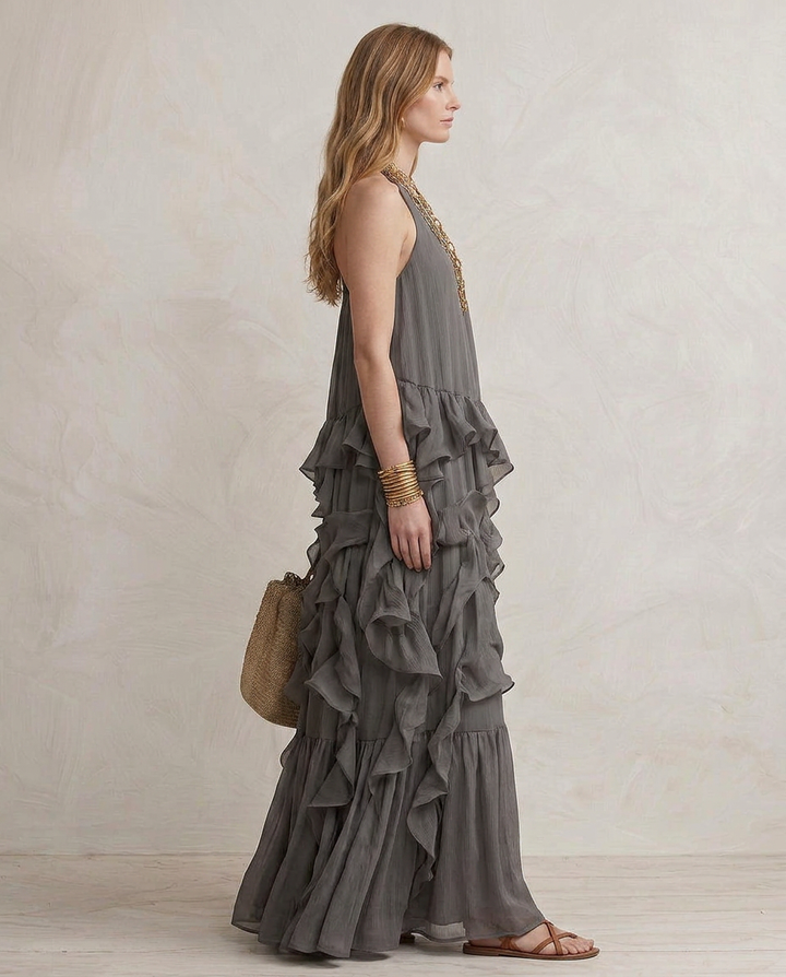 Serafina - Maxi Vestido Cinza com Volantes