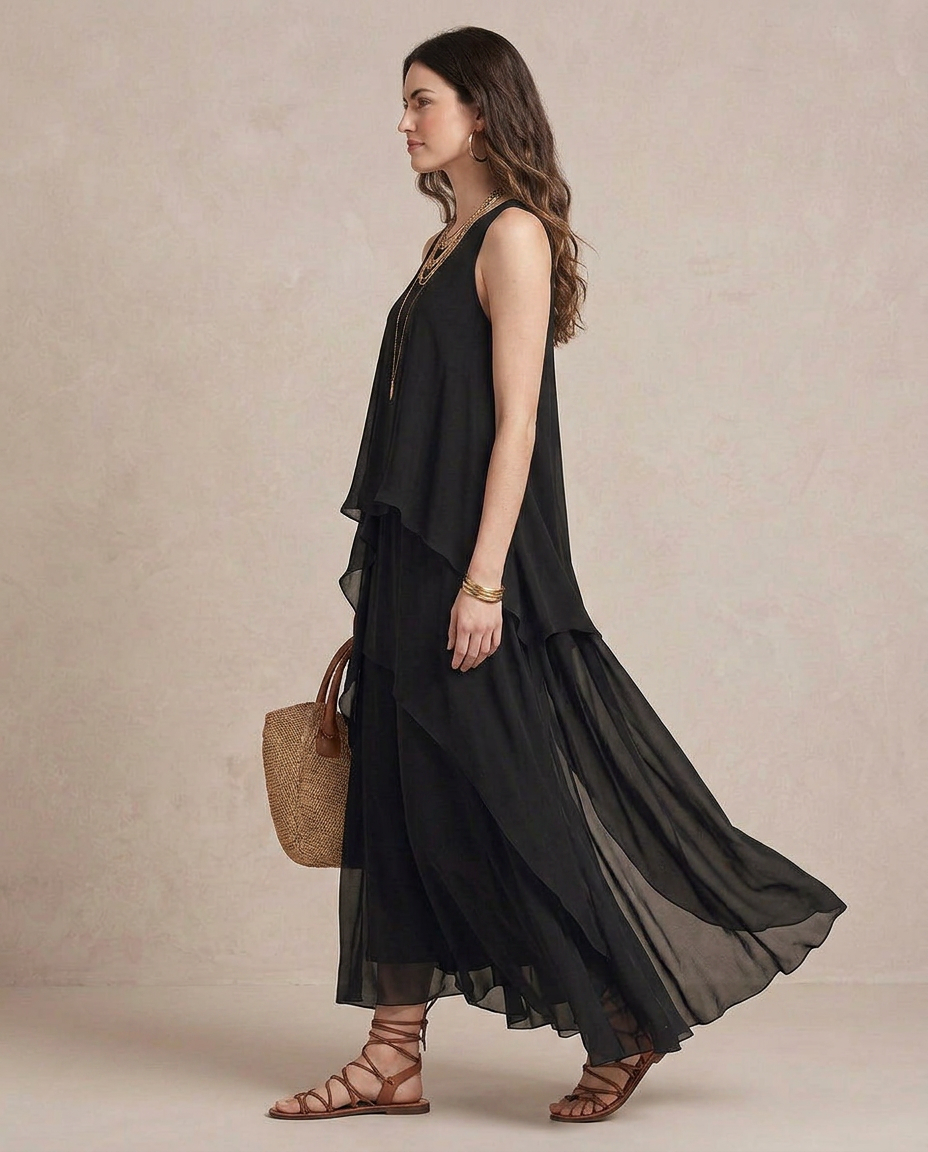 Nádia - Maxi Vestido Boho Camadas de Chiffon Preto