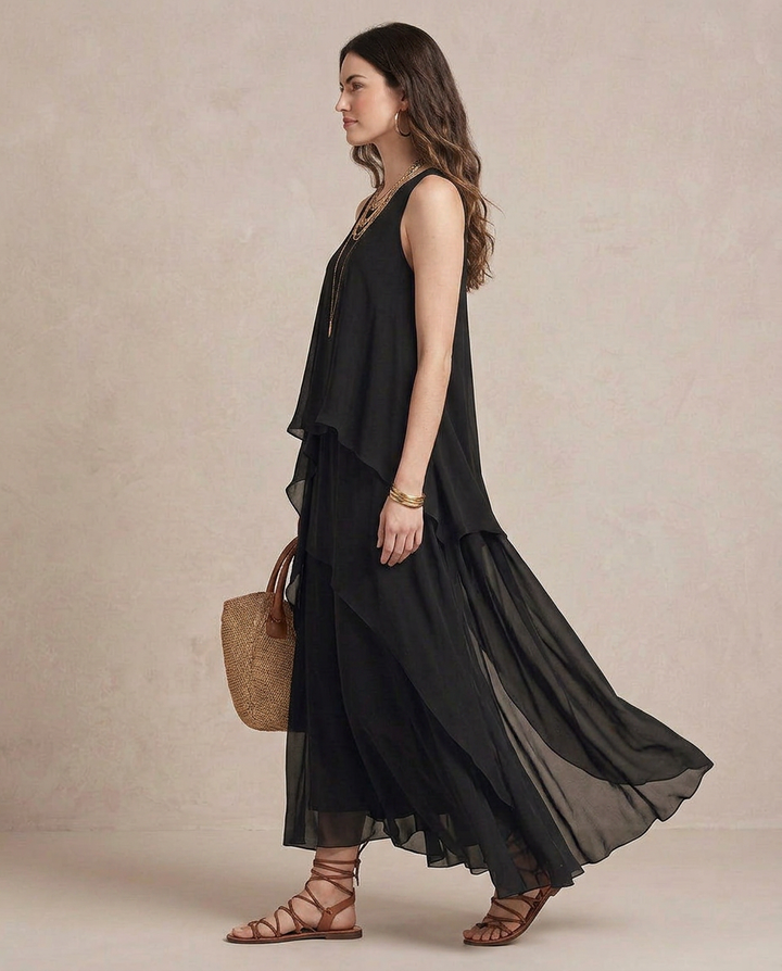 Nádia - Maxi Vestido Boho Camadas de Chiffon Preto