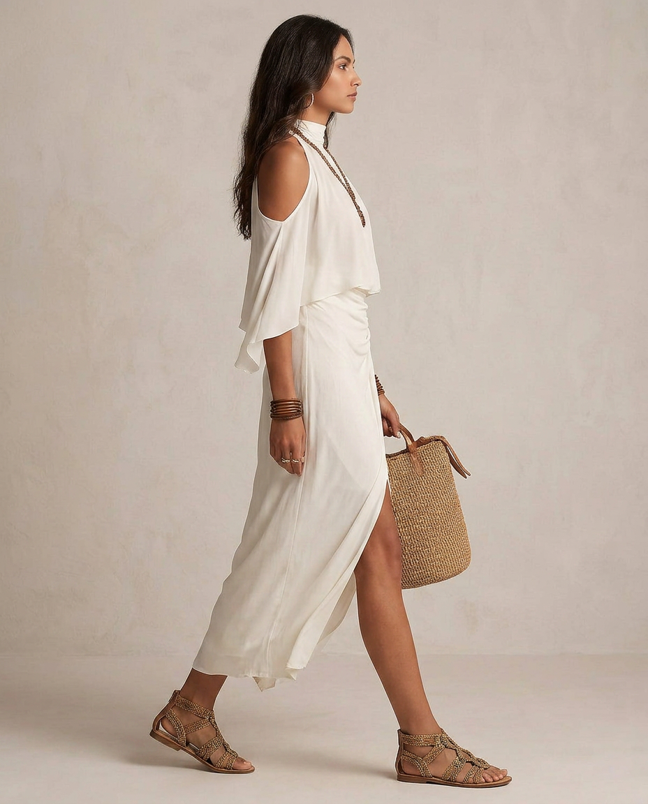 Valentina - Midi Vestido Halter Bege Drapeado