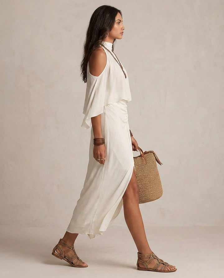 Valentina - Midi Vestido Halter Bege Drapeado