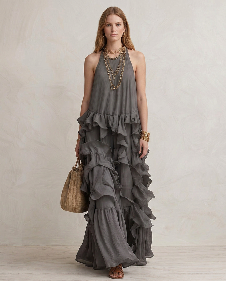 Serafina - Maxi Vestido Cinza com Volantes