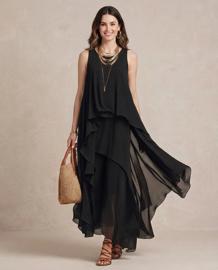 Nádia - Maxi Vestido Boho Camadas de Chiffon Preto