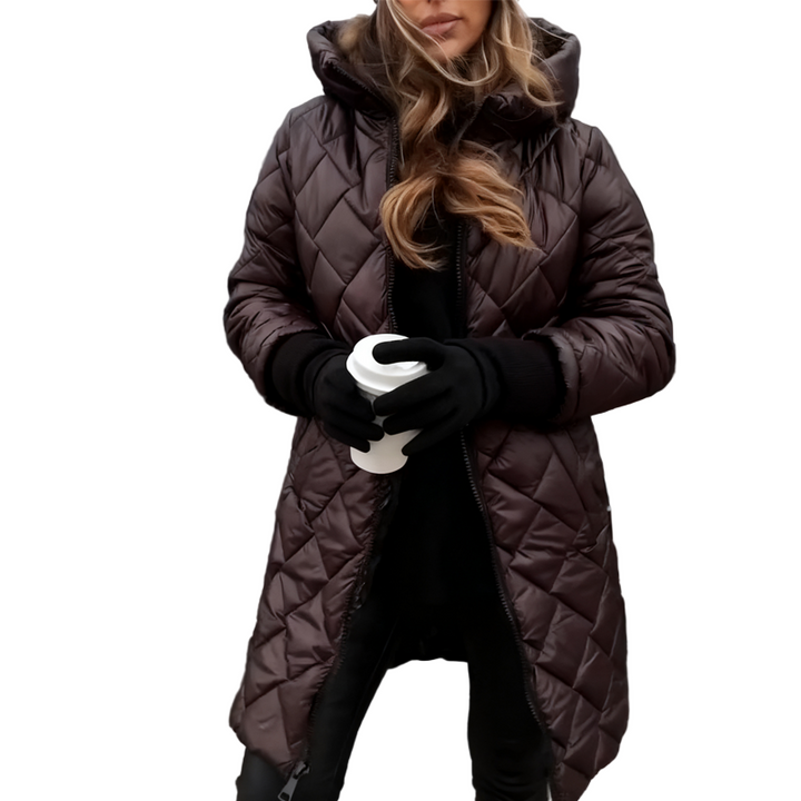 Ariele - Casaco acolchoado longo de inverno com capuz e gola alta