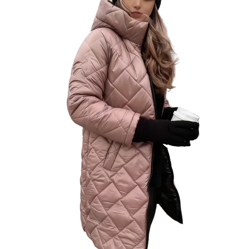 Ariele - Casaco acolchoado longo de inverno com capuz e gola alta