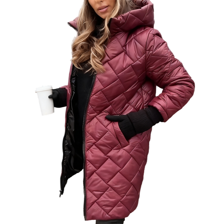 Ariele - Casaco acolchoado longo de inverno com capuz e gola alta