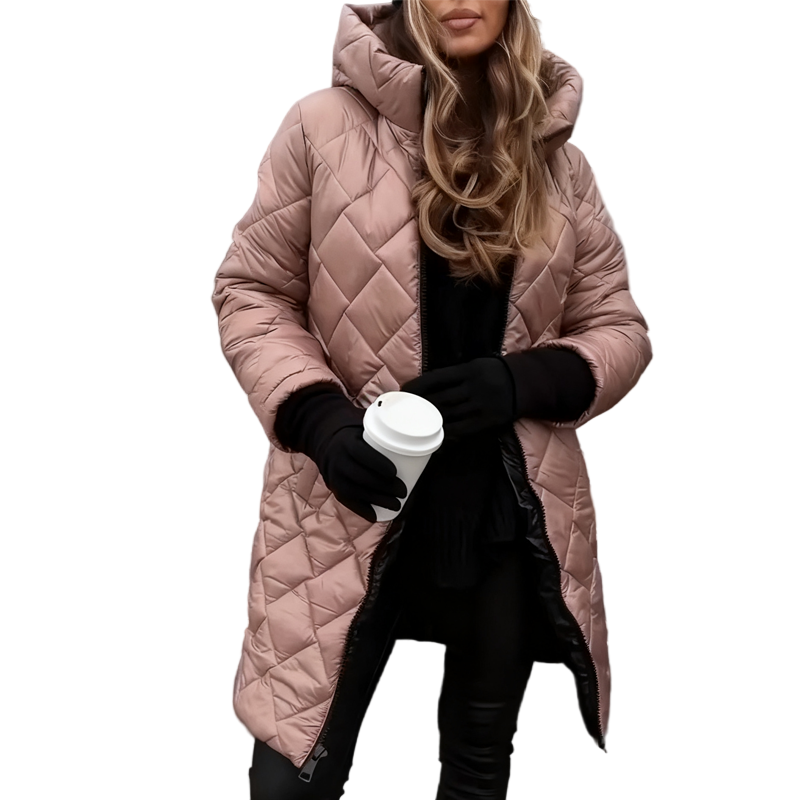 Ariele - Casaco acolchoado longo de inverno com capuz e gola alta