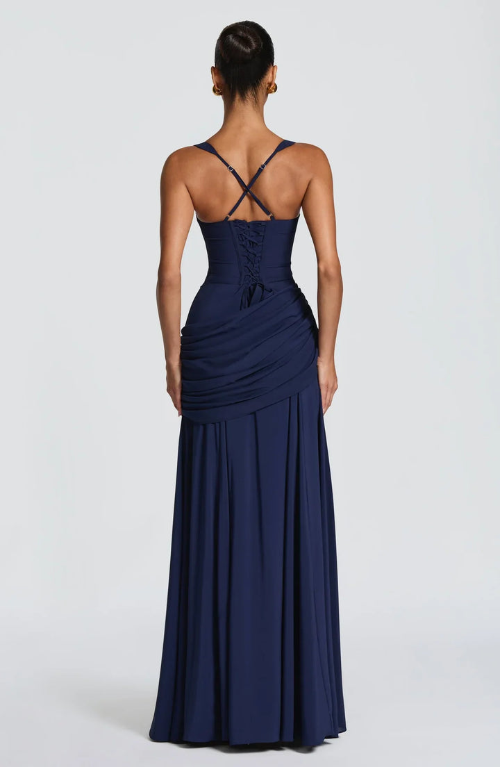 Valentina - Vestido maxi com decote em coração e franzido assimétrico